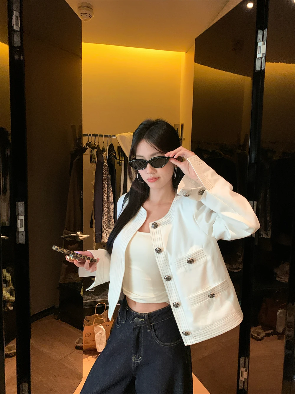 Tweedowa kurtka-płaszcz oversize damska wiosenna casualowa łączona dopasowana Ulzzang vintage z frędzlami ozdobnymi, szyfonowa, ze sznurkiem i kokardą, styl OL