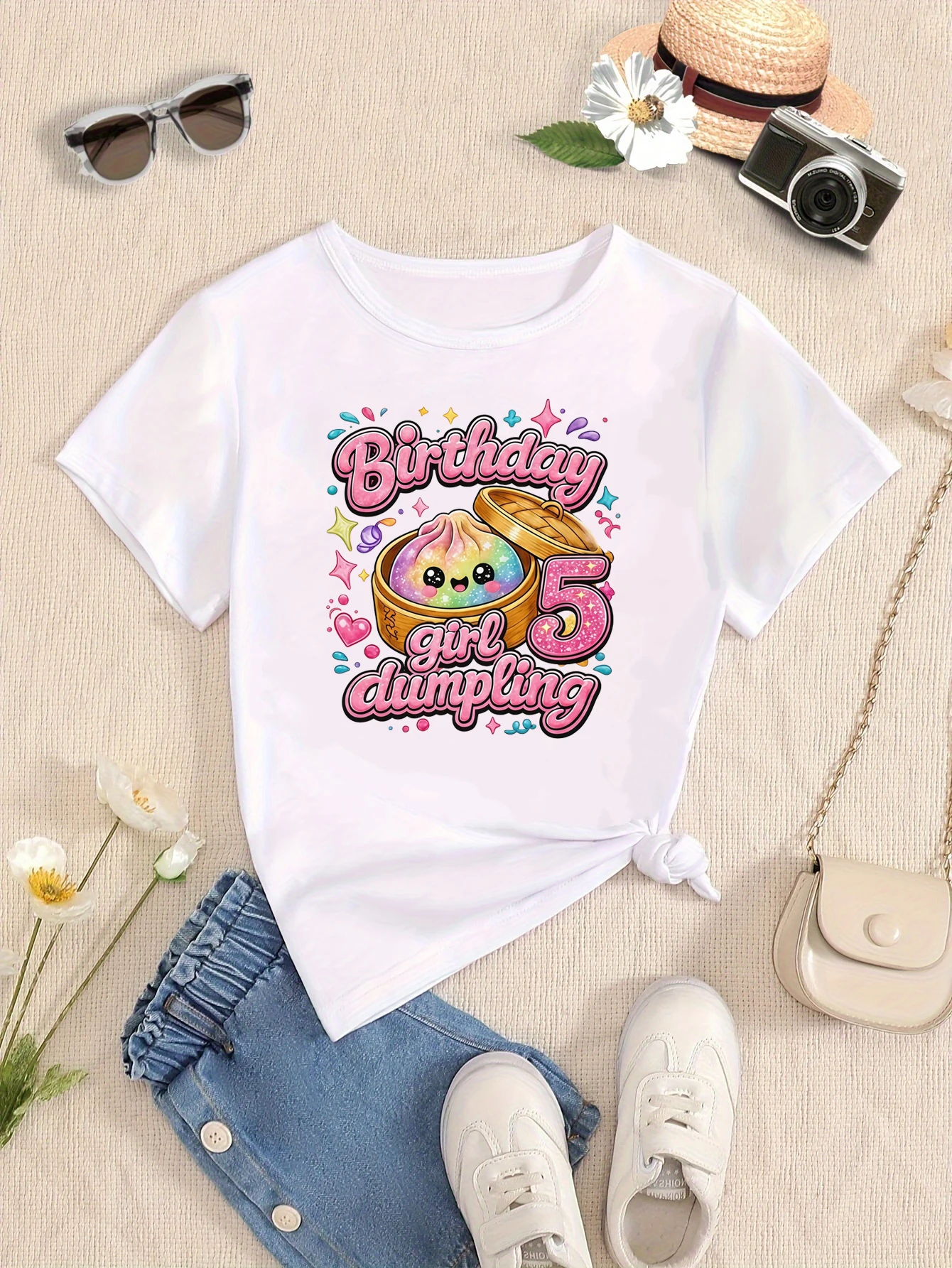 5th Birthday Girl Dumpling Printed T Shirt Girls The Best Birthday Gift T-Shirt Summer T-Shirt White/Black/Blue/Purple T-Shirt