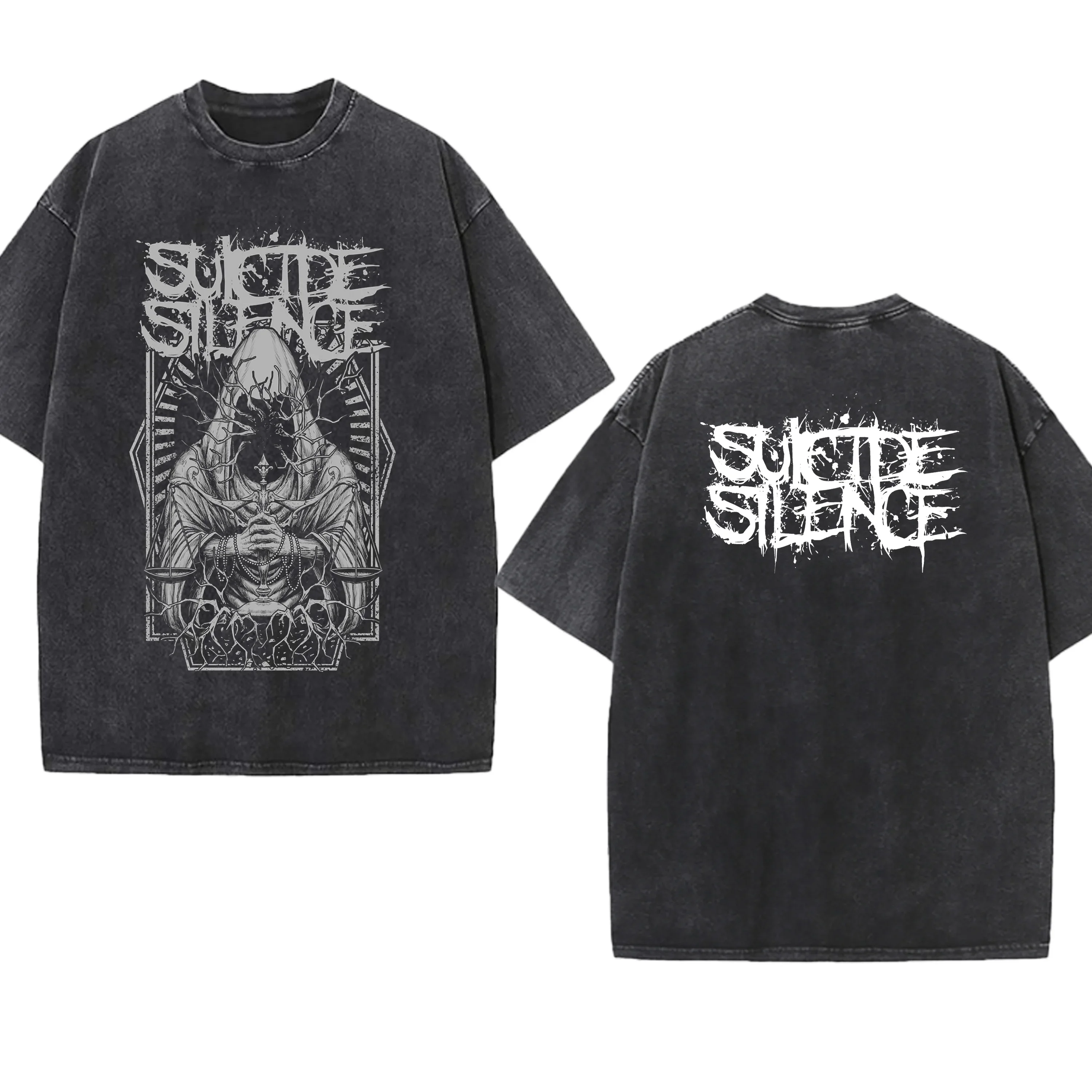Metal Band Washed T-shirt Suicide Silence Printing Vintage Rock Gift Cotton Round Neck Men Women Tees Short Sleeve Tops