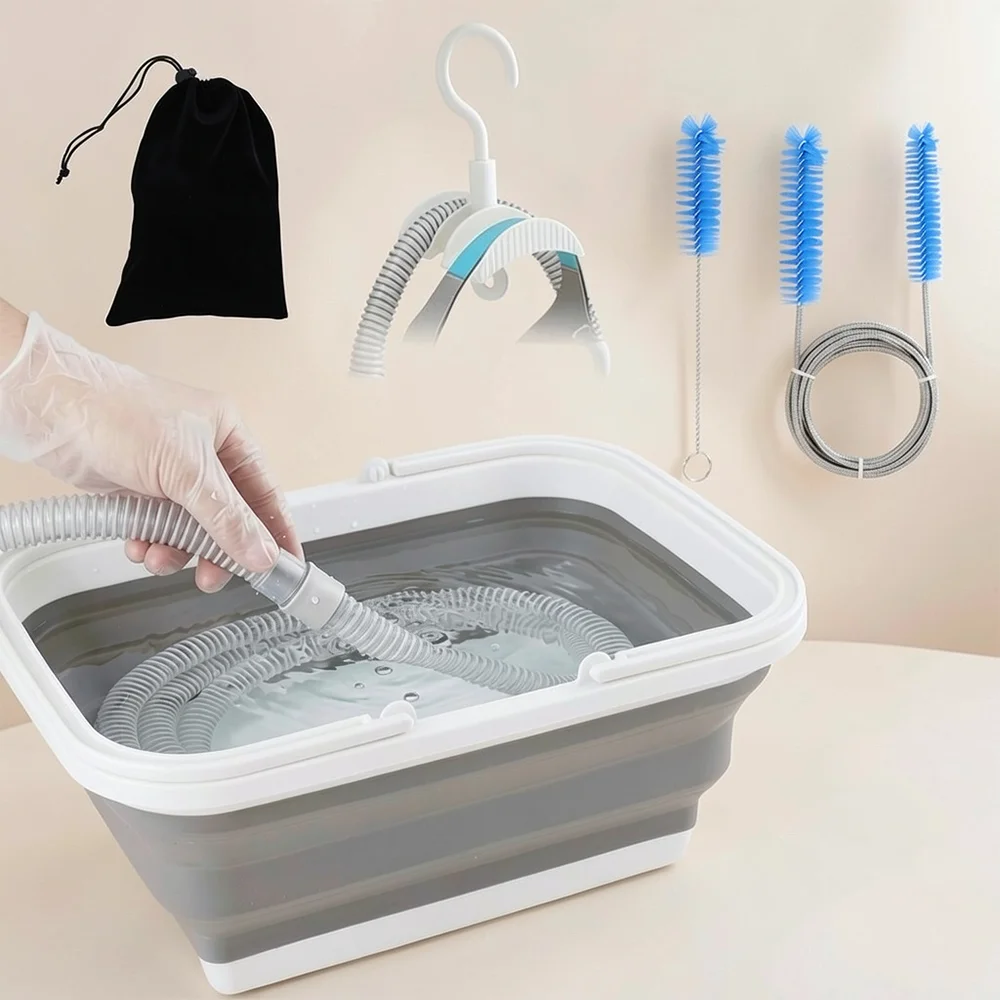 3PCS CPAP Cleaning Kit with 360° Hose Hanger, Tube Brush and Collapsible Wash Basin, Flexible Brush for Hose & Mask, Storage Bag
