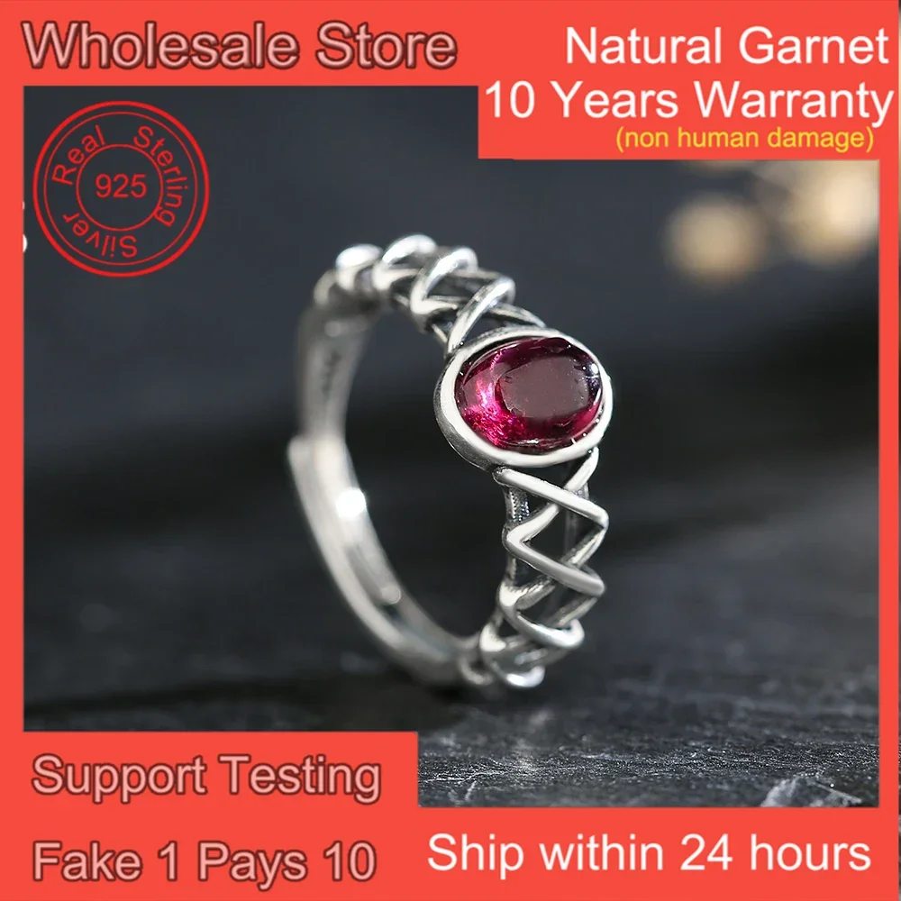 

7*5mm Oval Cut Natural Gems Garnet Stone 925 Sterling Silver Women's Ring Trendy Hollow Design Adjustable Wedding Bands Jewelry