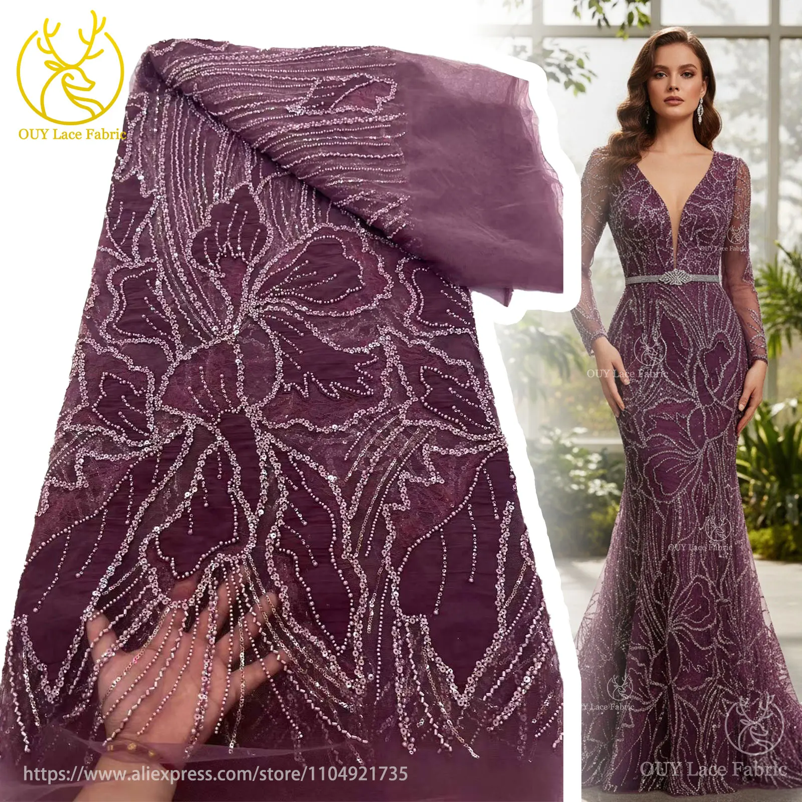 

Темно-фиолетовая африканская кружевная ткань с блестками и бисером, 2022, элегантная французская нигерийская кружевная ткань с вышивкой для свадебных швейных материалов