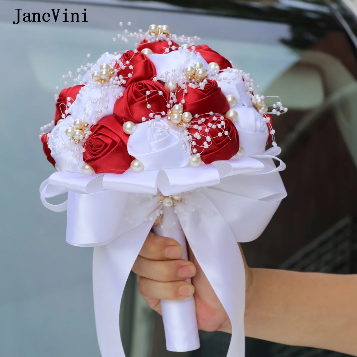 JaneVini Elegant Burgundy White Ribbon Flowers Western Bridal Bouquets Pearls Artificial Satin Roses Wedding Bouquet for Bride