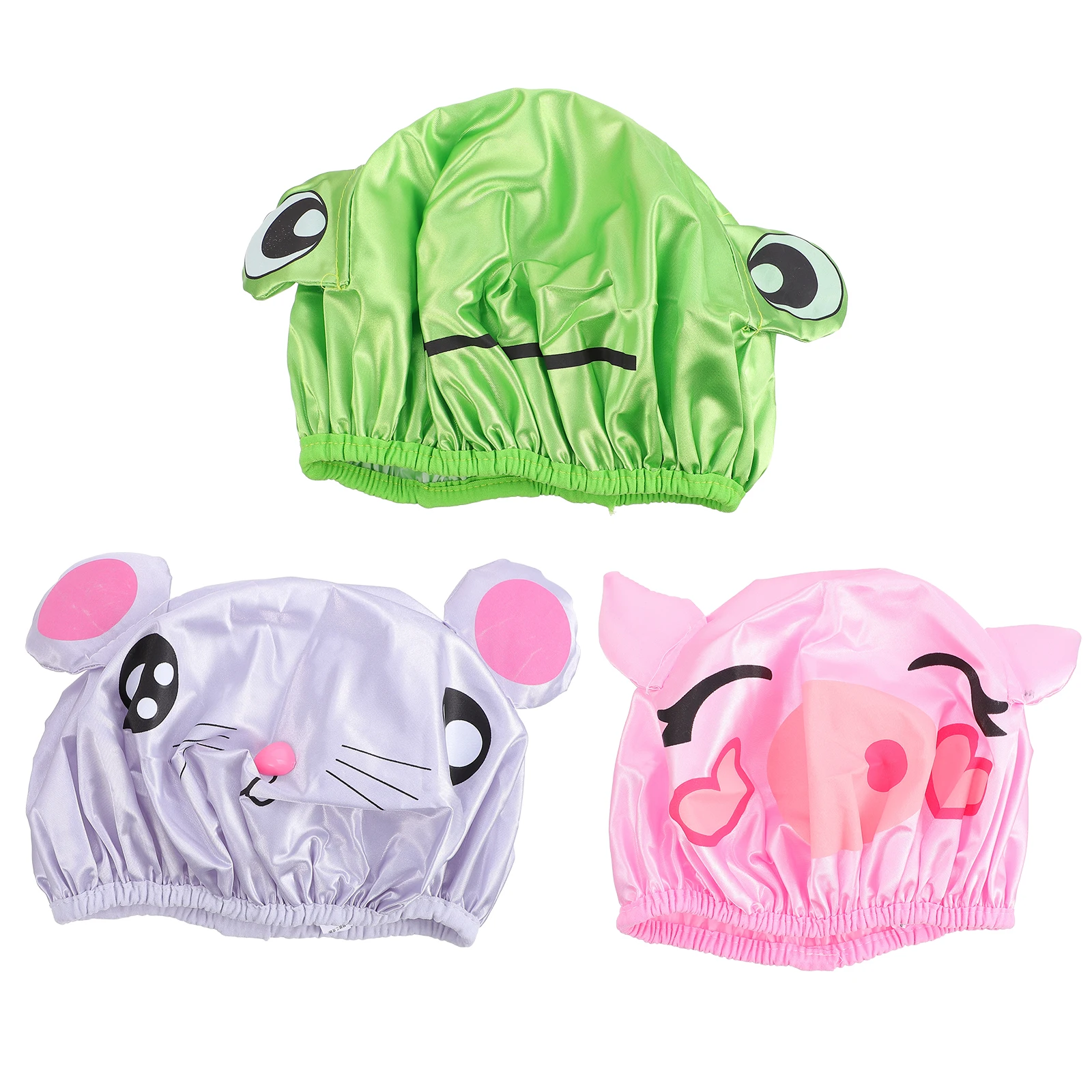 

3 Pcs Kids Shower Cap Cartoon Printed Bathing Hats Waterproof Ears Satin Foldable Reusable Elastic Fit Children Double Layered