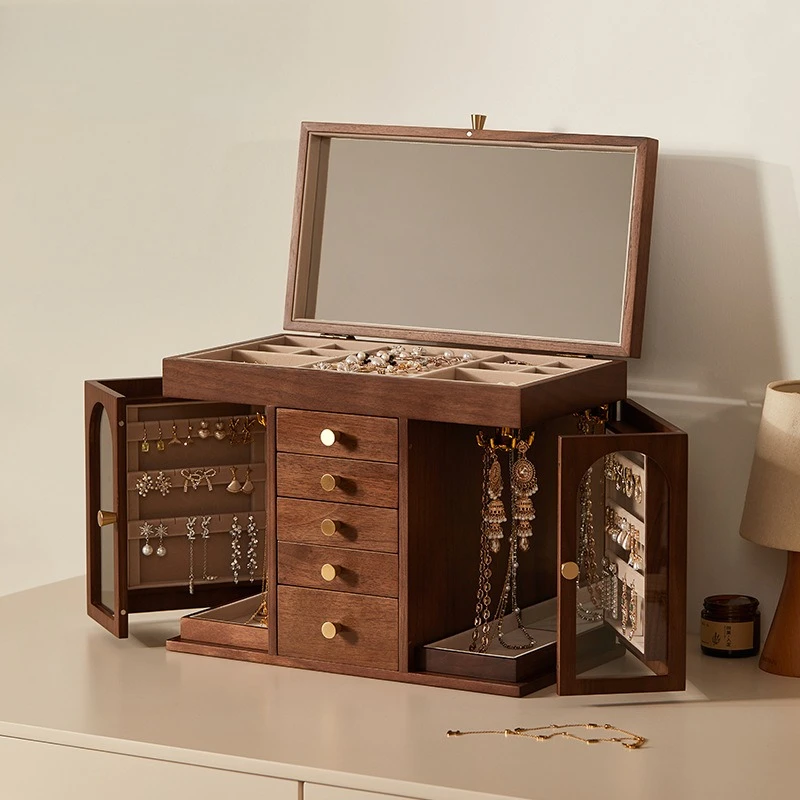 Solid Wood Jewelry Storage Box Large Ring Case Vintage Luxury Drawer Jewelry Organizer Boxes Jeweler Bracelet Cases With Mirror