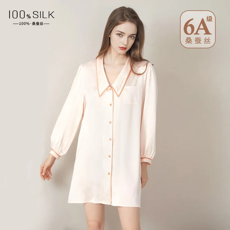 Women 100% Mulberry Silk Shirt Dress 2026 Summer New Peter Pan Collar Nightgown Sexy Thin Mini Dress Beach Cover Up Homewear