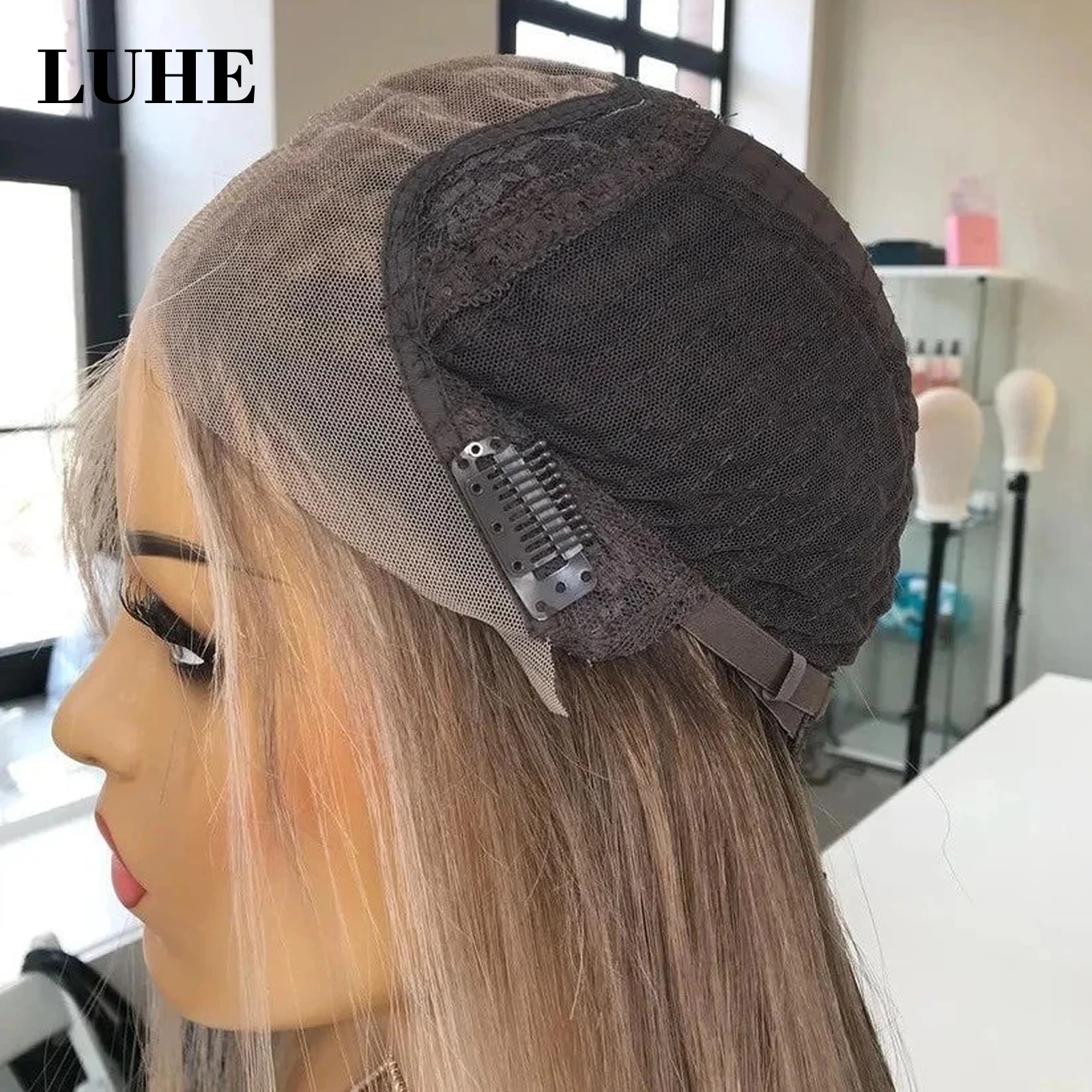 Ombre Ash Blonde bergelombang 13x3 renda Wig depan untuk wanita 16 inci Wig rambut sintetis Bob gelombang pendek Wig Frontal akar gelap coklat