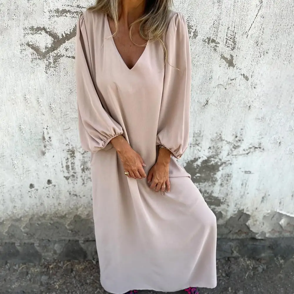 Summer Loose Dress for Women Solid Color V Neck Short Sleeve Casual Elegant Beach Long Dresses Holiday Vestidos Party