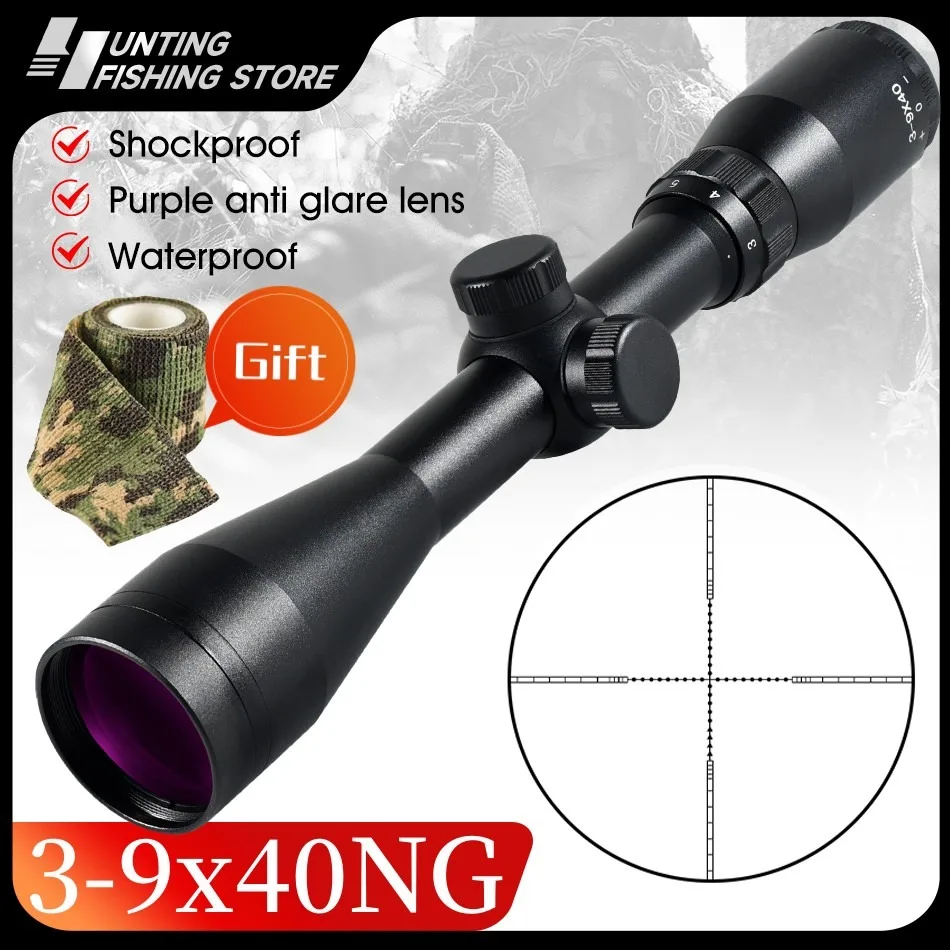 3-9x40NG Purple Lens Anti Glare Tactical Rifle Scope HD Telescope Fits Long Range Shooting 11/20mm Rail Hunting Firearms Airsoft