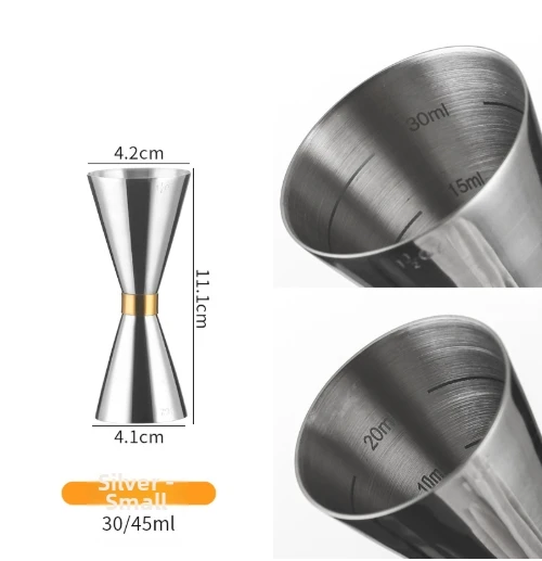 Stainless Steel Dual Sided Measuring Cup with 304 Material Brushed Interior Clear Engravings and Gold Ring Detail