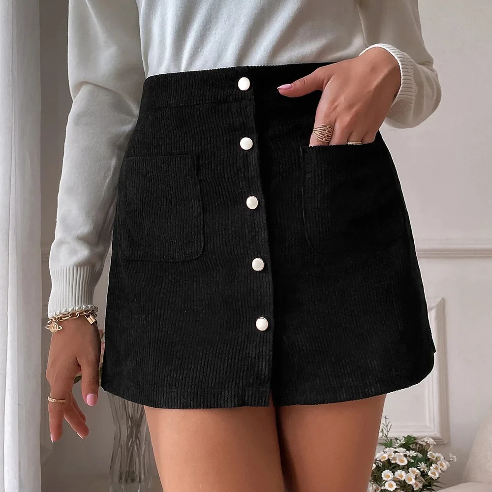 Autumn Winter New Corduroy Hip-hugging Short Skirt Single-breasted Form-fitting Skirt Women's
