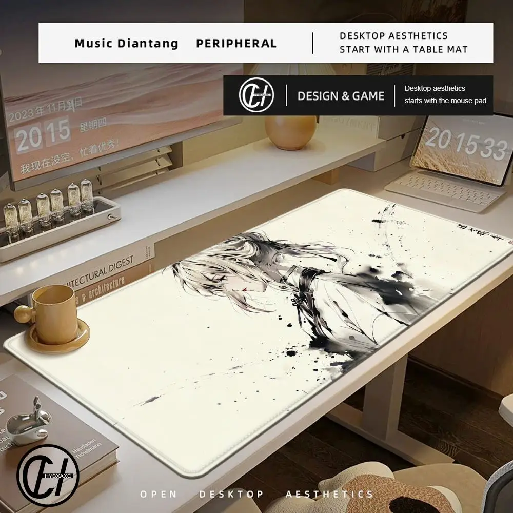 HYBXAXC Ink Wash Style Anime Girl Mouse Pad, Chinese Aesthetic Desk Mat, Large Non-Slip Gaming Mousepad for Office
