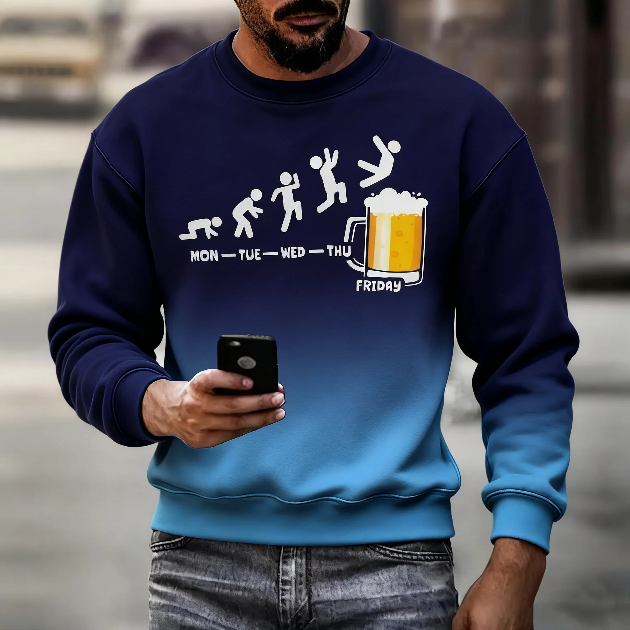

3D Funny Beer Jump Print Men's Sweatshirt Creative Design Round Neck Long Sleeve Top Autumn Winter Loose Comfortable Man Clothes