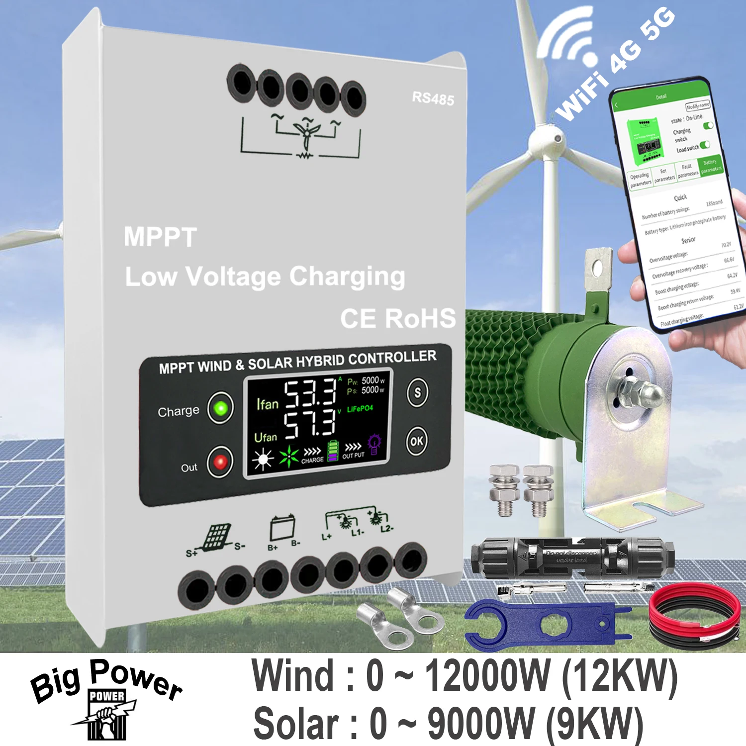 6000W 12V 24V 48V WIFI MPPT Wind Solar Hybrid Controller 100A 180A Solar Panel Wind Generator Charger Regulator with Dump Load