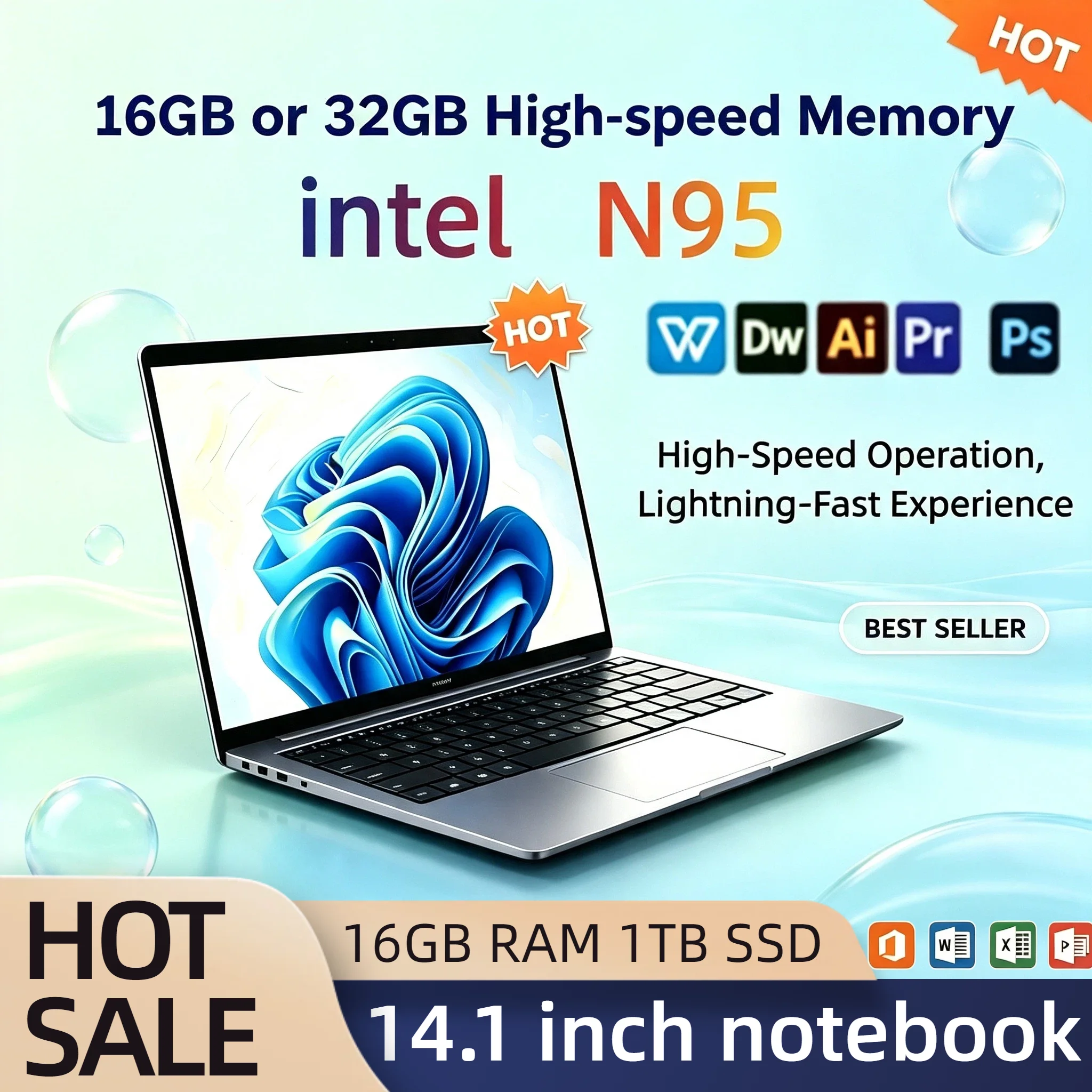 Intel N95 14.1 Inch Laptop 4C4T 3.4GHz 15W 6MB Cache 32GB RAM 1TB 2TB SSD 1920x1080 Portable Notebook Office Study PC Pro Unit