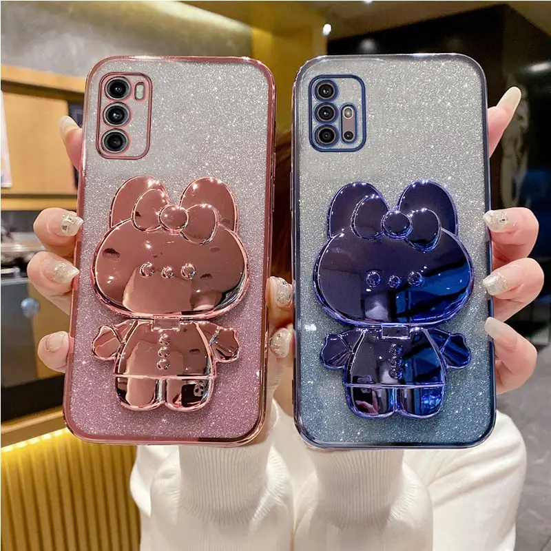 Moto G8 Mirror Rabbit Holder Case On For Motorola Moto E7 G8 G9 Plus power G9play Stand Cover Moto E20 E 6S E22 E13