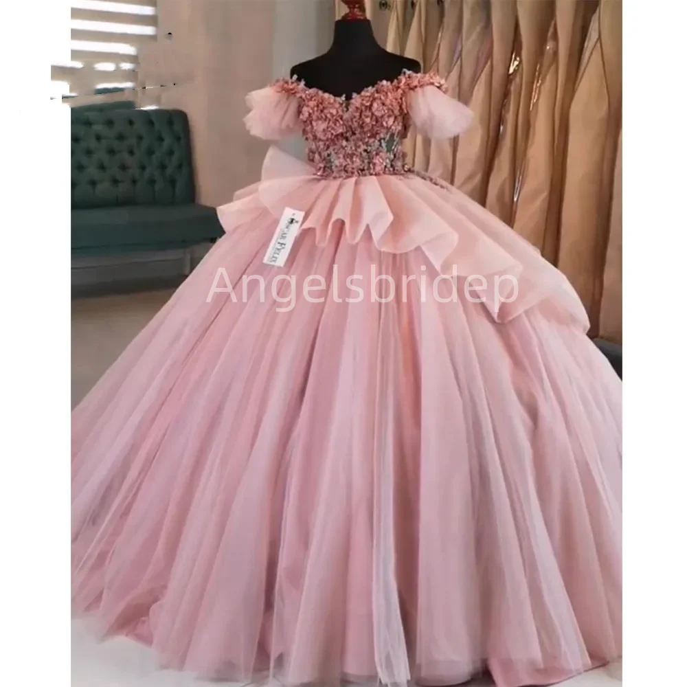 Angelsbride Pink Quinceanera Dresses Ball Gown Off The Shoulder 3D Appliques Puffy Mexican Vestidos De Quinceañera