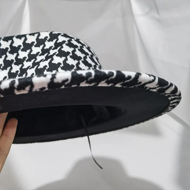 Fedoras zimowe damskie czapki Houndstooth Plaid Patchwork czapki dla kobiet moda czapki dla mężczyzn filcowany kapelusz Fedora nowy Chapeau Femme — zdjęcie 6