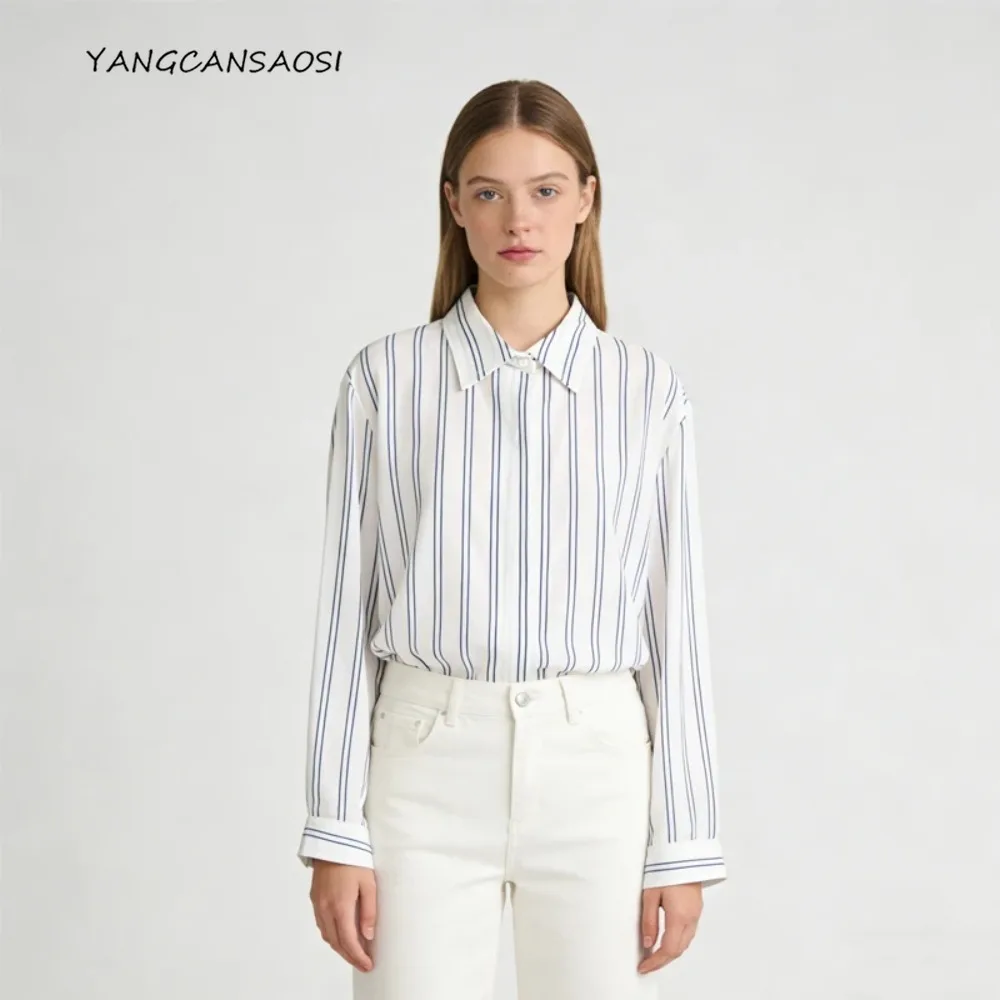 

Топ из 100% натурального шелка тутового шелка Crepe De Chine, женская рубашка с длинными рукавами и лацканами в вертикальную полоску, новинка весны 2023 г.