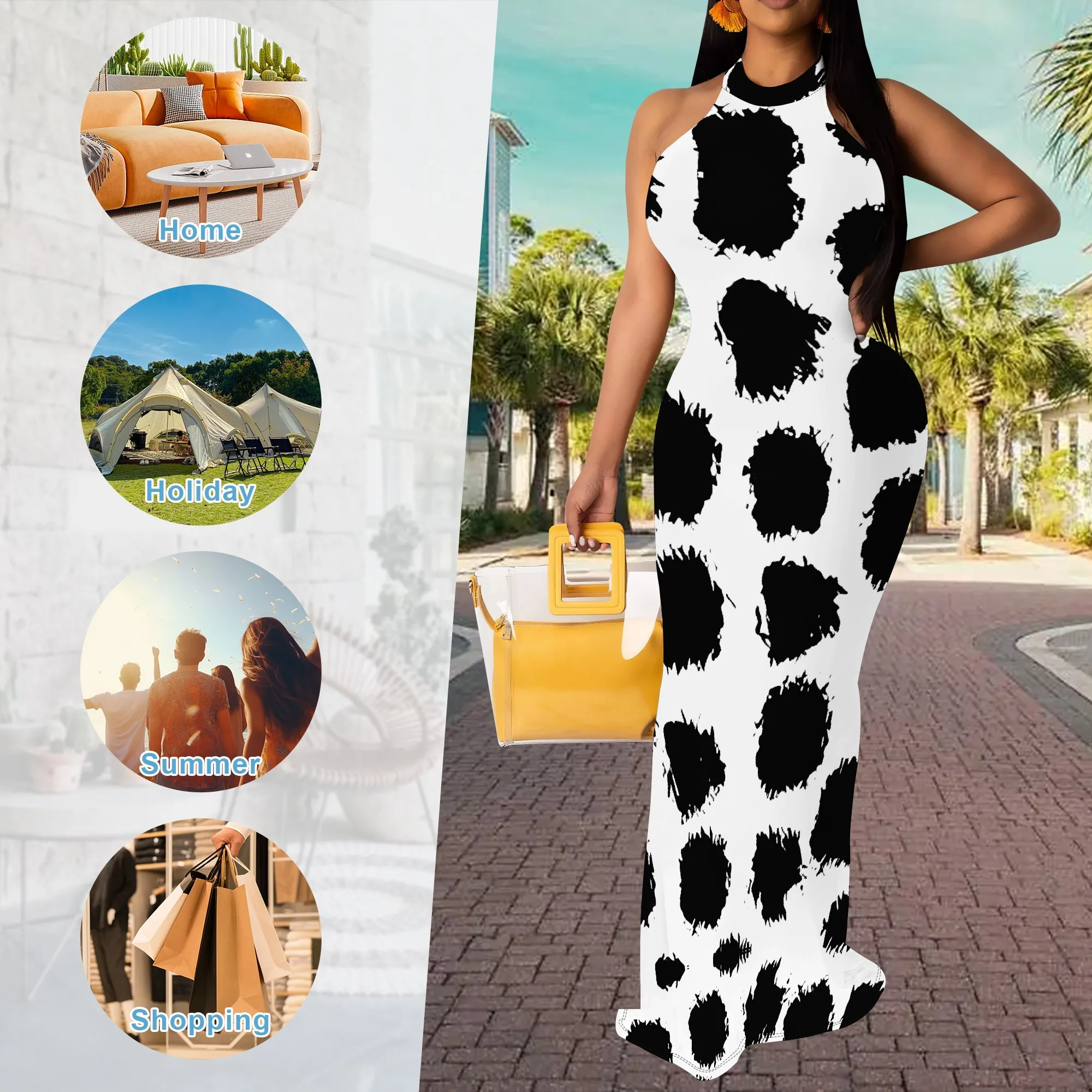 Abito senza maniche alla moda con scollo all'americana per donna Abito lungo aderente con stampa astratta bianca nera