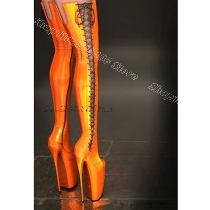 

Orange Platform Cross Band Boots Round Toe Side Zipper Stiletto British Style Fashion Women Over Knee Boots Zapatos Para Mujere