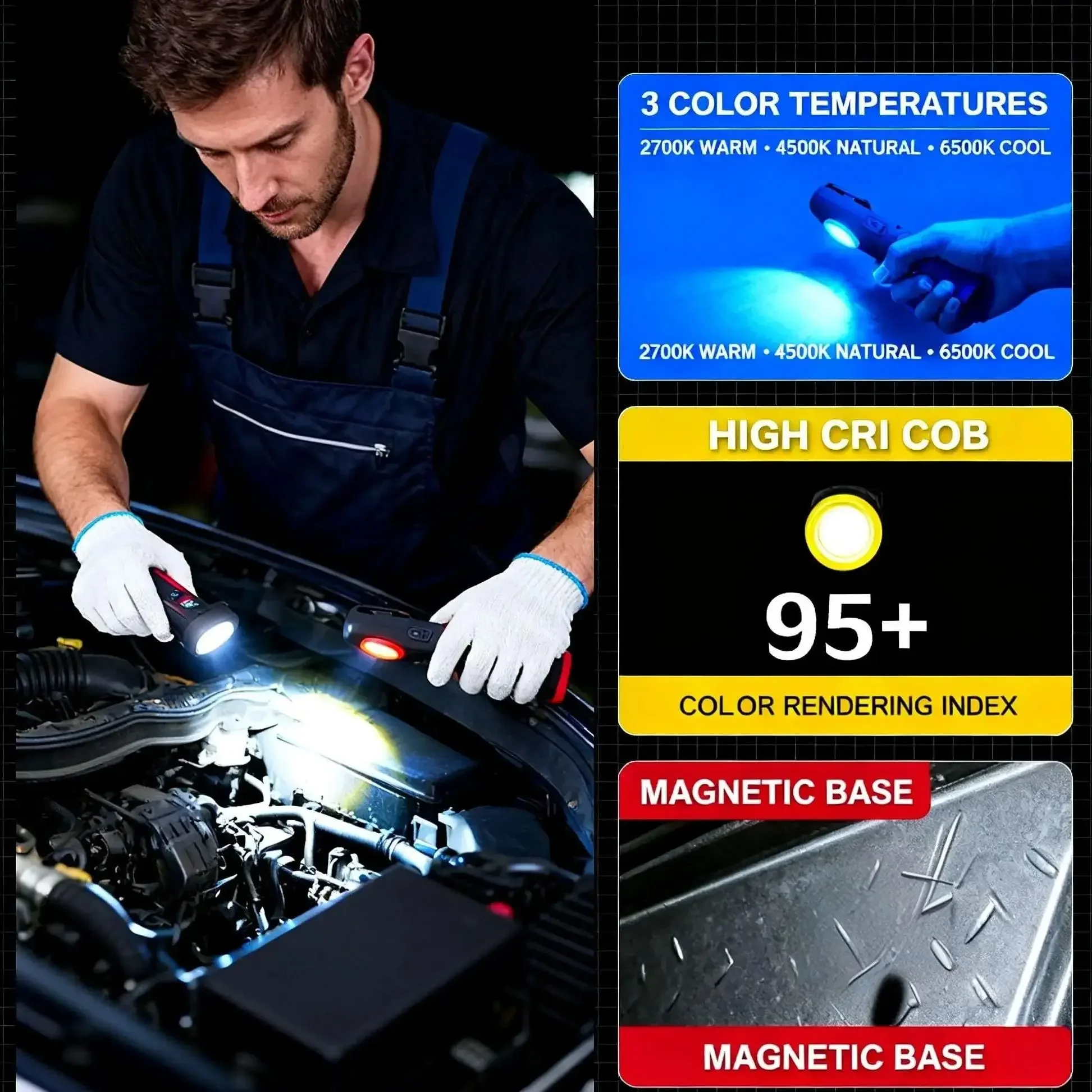 FUNAYA مصباح يدوي محمول أدوات تفصيل السيارة طلاء السيارات إنهاء مصباح مسح دوامة قبضة مغناطيسية متعددة أضواء العمل لإصلاح السيارات