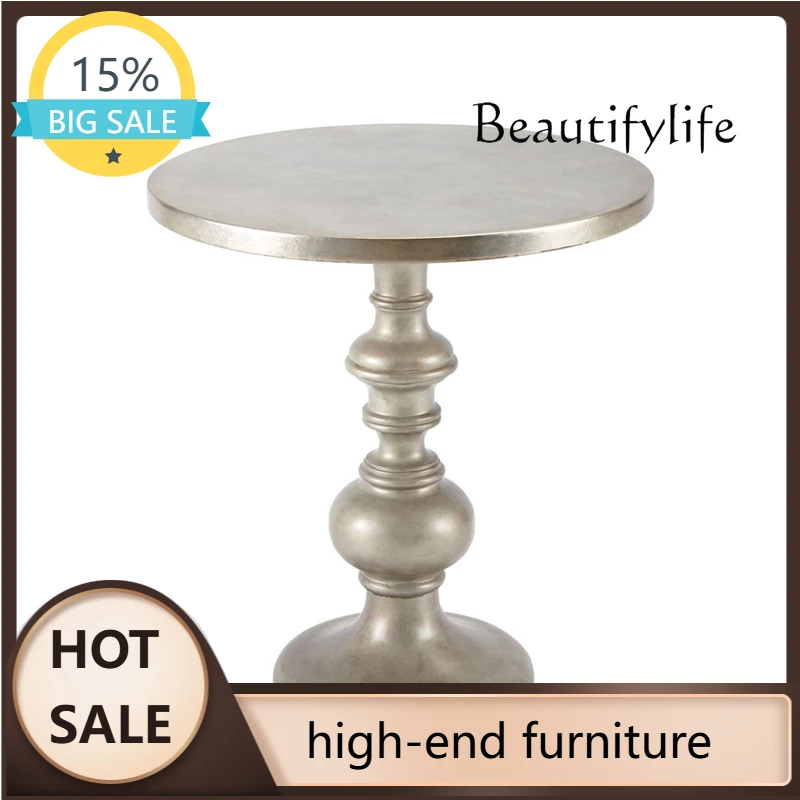 J الخشب الصلب طاولة مستديرة صغيرة غرفة نوم الإبداعية الأوروبية الرجعية الفضة طاولة القهوة غرفة المعيشة أريكة طاولة الزاوية المستديرة #1