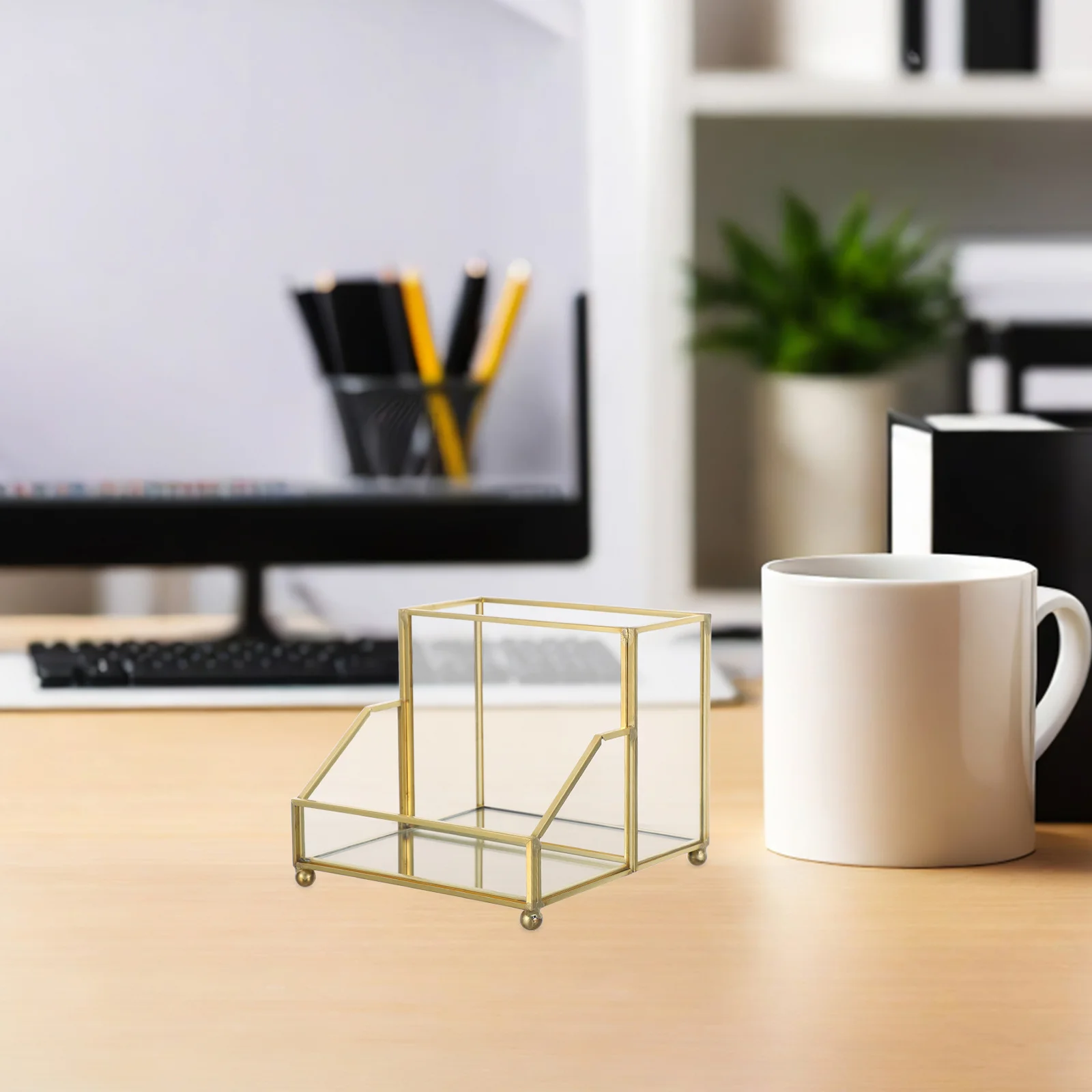 名刺ボックスオーガナイザー垂直デスクトップスタンドエレガントなゴールドエッジ名刺ホルダーオフィスストレージディスプレイボックス