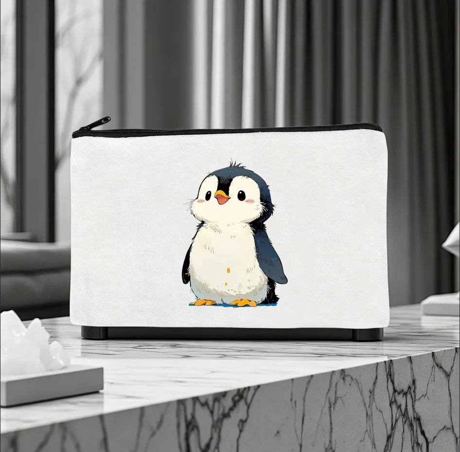 1PC Double Sided Print Cute Fluffy Penguin Canvas Zipper Cosmetic Storage Pouch