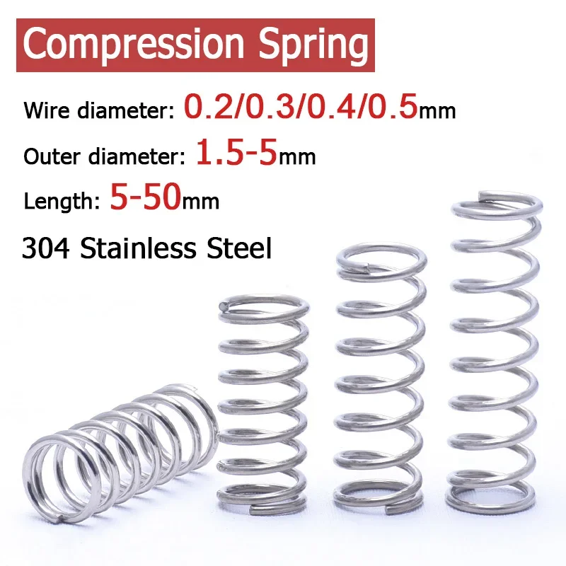 100pcs 304 Stainless Steel Spring Wire Diameter 0.2/0.3/0.4/0.5mm Y-shaped Compression Spring OD 1.5mm-5mm Length 5mm-50mm