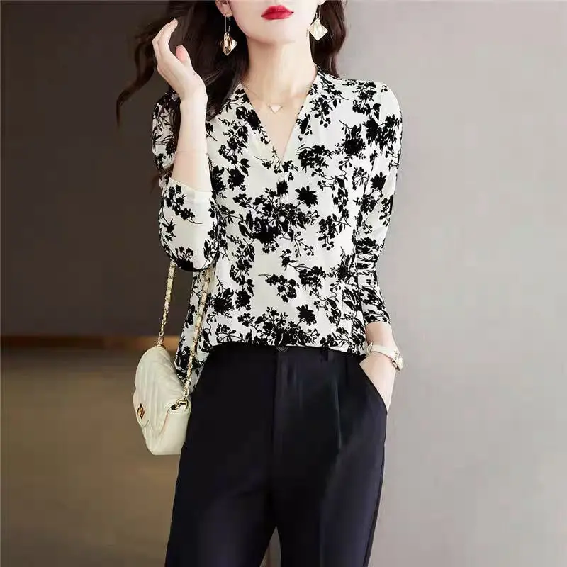 Spring Autum Print Elegant Fashion Chiffon Shirt Women Long-sleeved V-neck Lady Tops Aesthetic Chic All Match Pullover Female