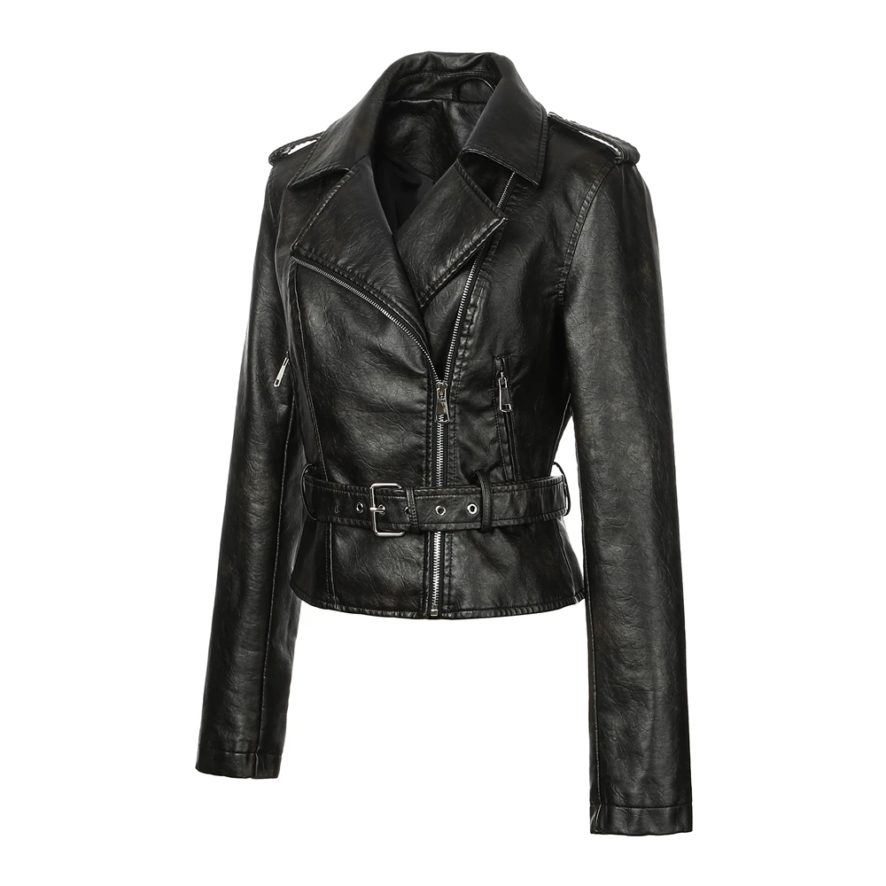 سترة نسائية غير متماثلة بسحاب من البولي يوريثان - ياقة دوارة وحزام قابل للتعديل |   جيوب بسحاب جانبي/كتافيات للكتف |   بلاك روك ركاب