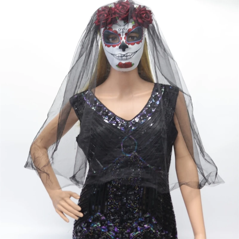 Day of the Dead Mask with Rose Veil Halloween Scary Bride Mask for Women Cosplay