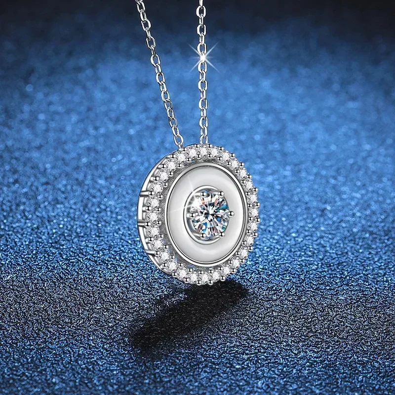 Luxurious Geometric Double Circles Inlaid 0.5 Carat Moissanite Necklace, S925 Silver Plated White Gold Pendant for Women