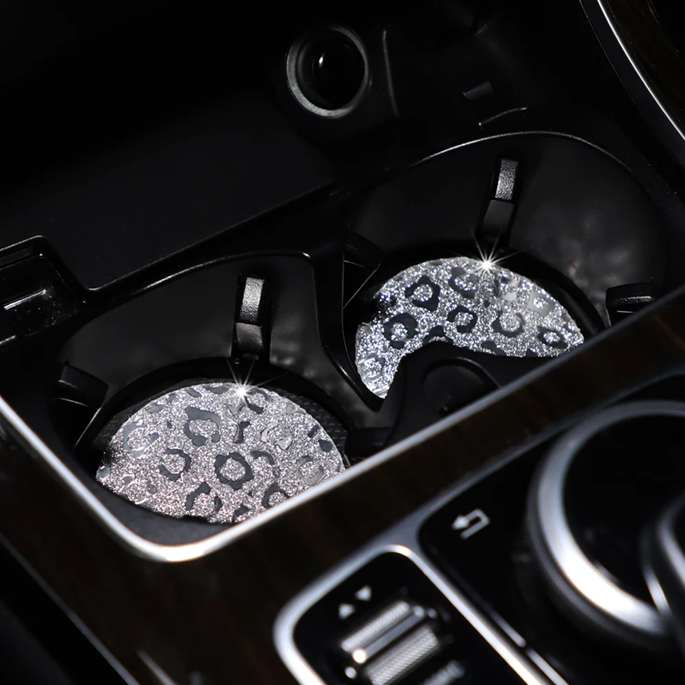Two Leopard Print TPU Sparkling Light Car Water Cup Pads for Women with Car Accessories