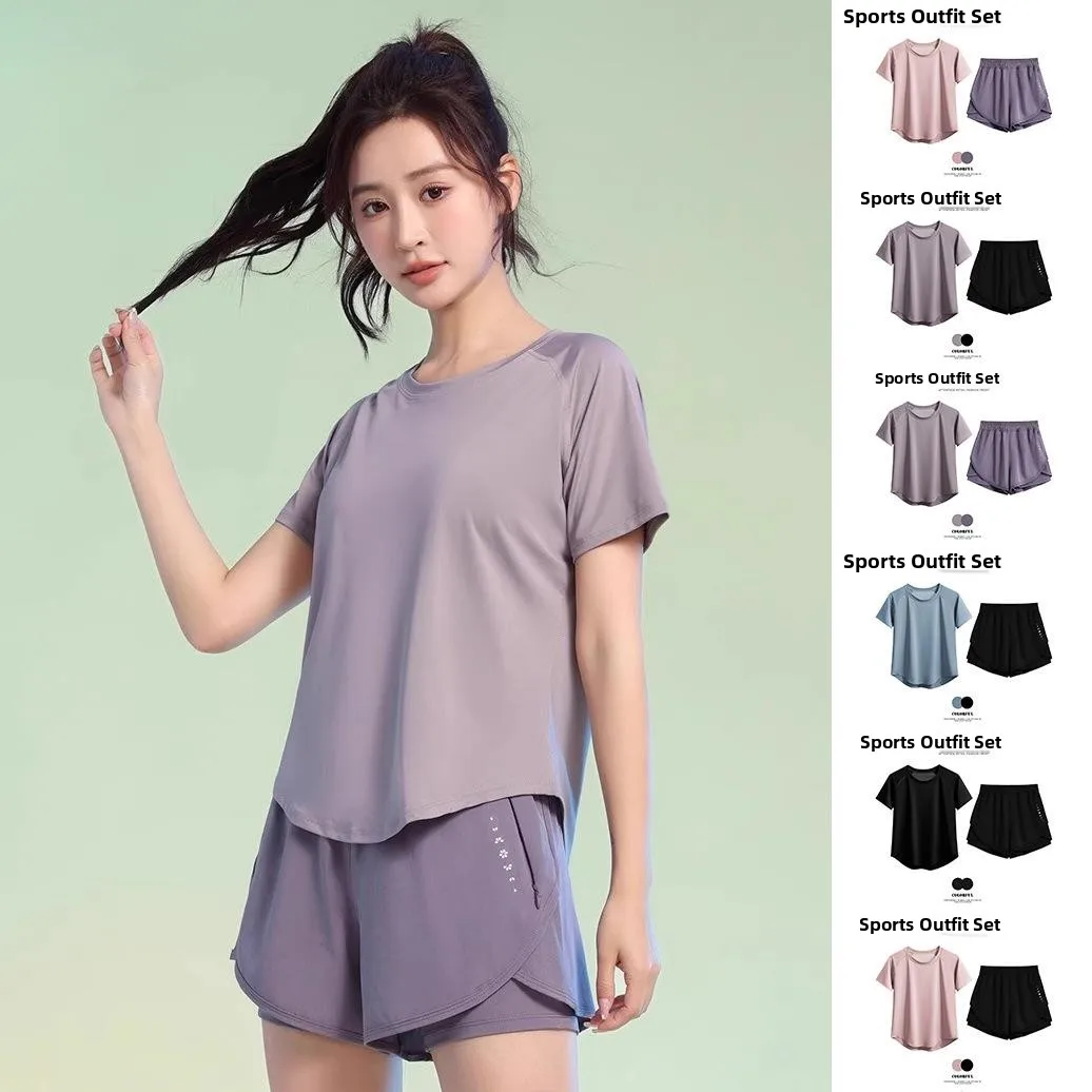 Summer 2026 Women's Fitness Sportswear Set Short Sleeve Tennis Outdoor Running Yoga Pants Three-piece Commute Style  Color