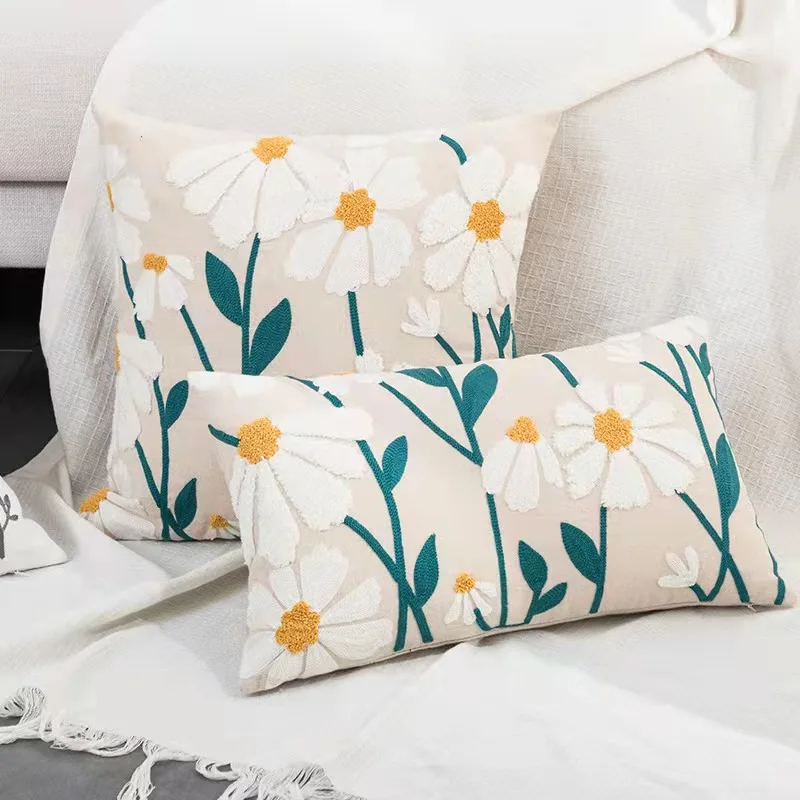 Home Decor Kussenhoes Daisy Bloemen Geometrische 45x4 5Cm/30X50Cm Geel Blauw Borduurwerk Kussensloop soft Cozy Voor Woonkamer