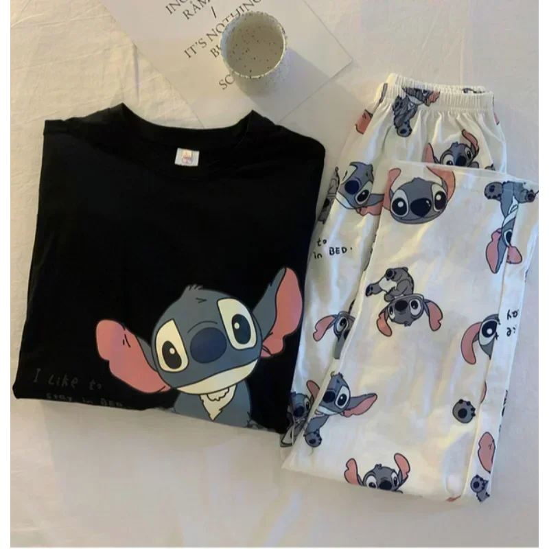 Disney Stitch set piyama lengan panjang wanita, celana panjang katun murni dua potong, set piyama sutra untuk wanita