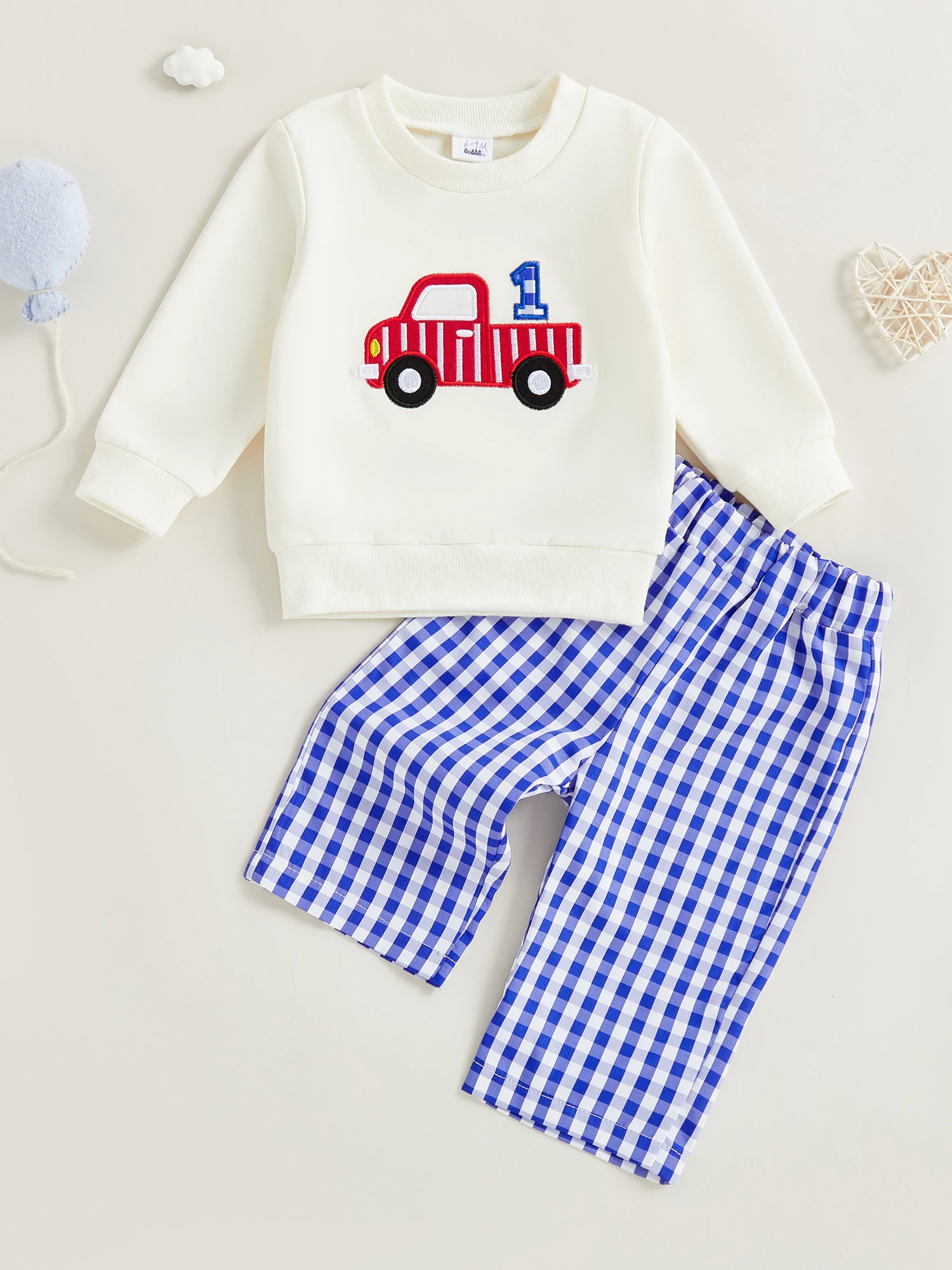 

Toddler Boy Birthday Outfit Number Truck Embroidery Crew Neck Long Sleeve Pullover Sweatshirt and Plaid Pants Set for Baby