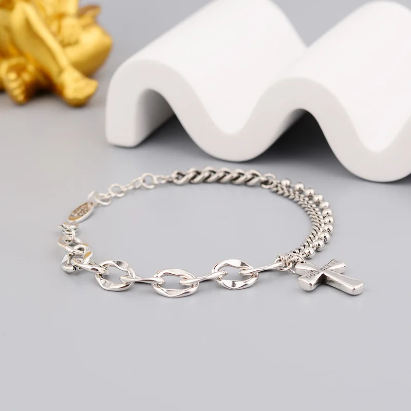 LIVVY Silver Color Thicken Splicing Bracelet for Women INS Fashion Punk Hiphop Rock Cross Pendant Party Jewelry Gift