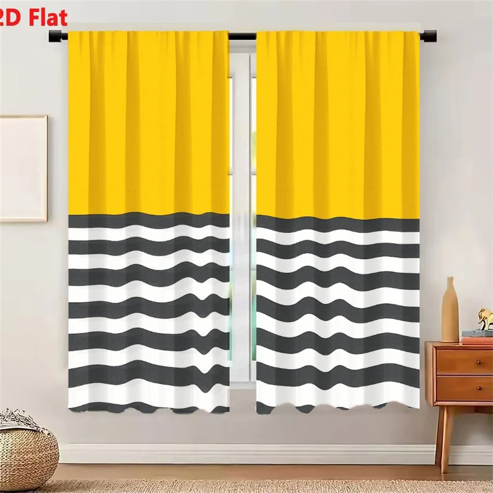 2Pcs Curtains 2D Flat Abstract Design Solid Yellow Upper Section With Alternating Wavy Black And White Lines Lower Portion Resem