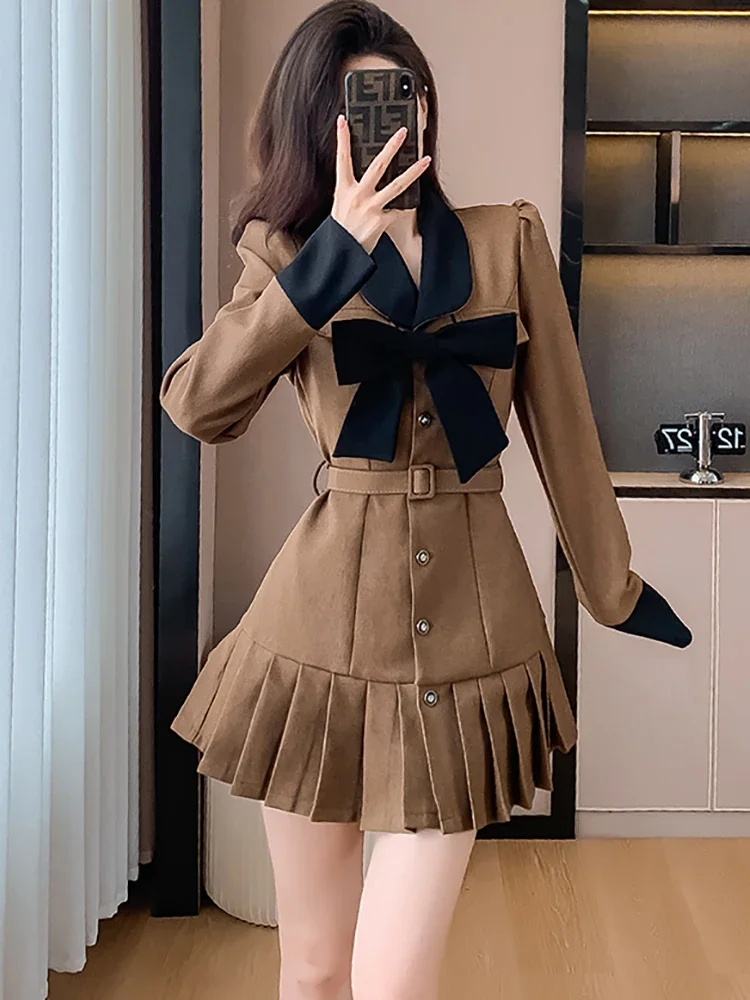 2024 New Chic Bow Y2k Mini Pleated Dress Women Long Sleeve Bodycon Casual Prom Clothes Autumn Winter Korean Elegant Party Dress