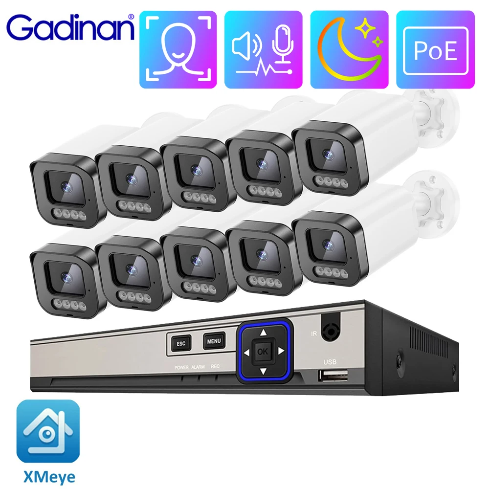 Gadinan Outdoor IP Camera POE 5MP Security System Kit Two Way Audio 4K NVR Color Night Vision CCTV H.265+ Video Surveillance Set