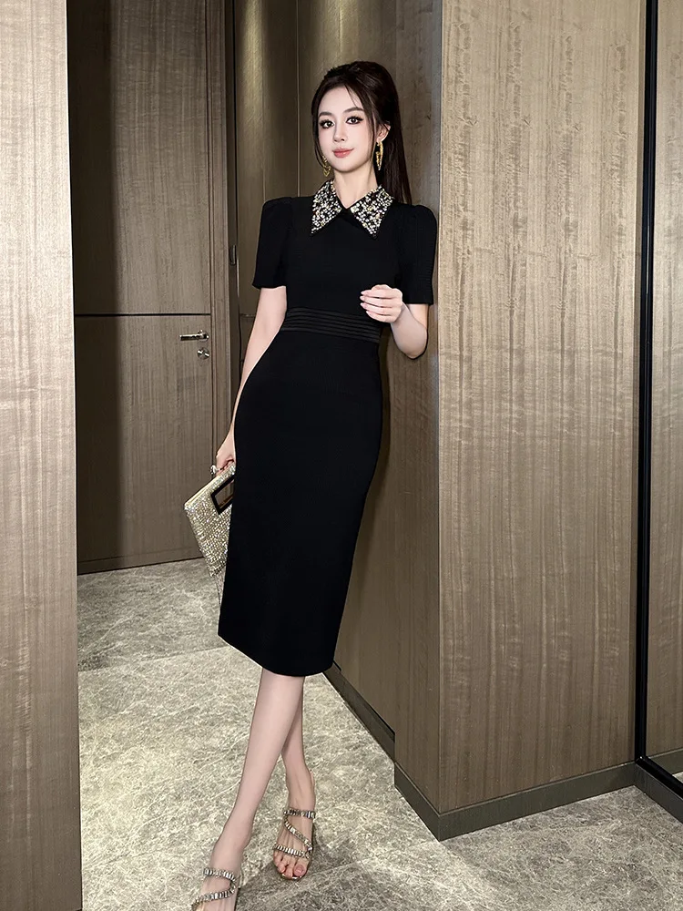 Vestido A-Leibniz para mujer, vestido ajustado con cuello doblado negro, vestido Formal de noche para fiesta, vestido de banquete de boda 65348