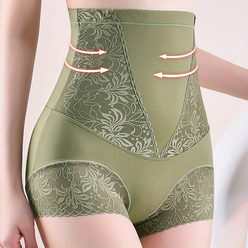 1pc High Waist Elastic Shapewear Tummy Control Breathable Panties Women Waist Trainer Body Shape Lace & Mesh Splicing Underwear