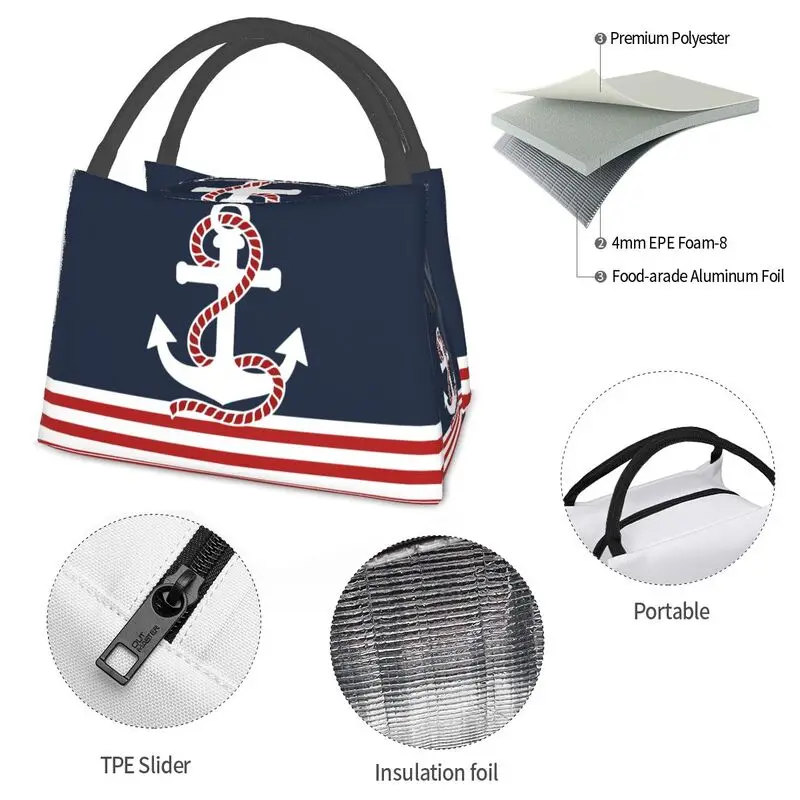 Nautical Red White Stripes Red Anchor Portable Lunch Box Multifunction Navy Navigation Thermal Cooler Food Insulated Lunch Bag