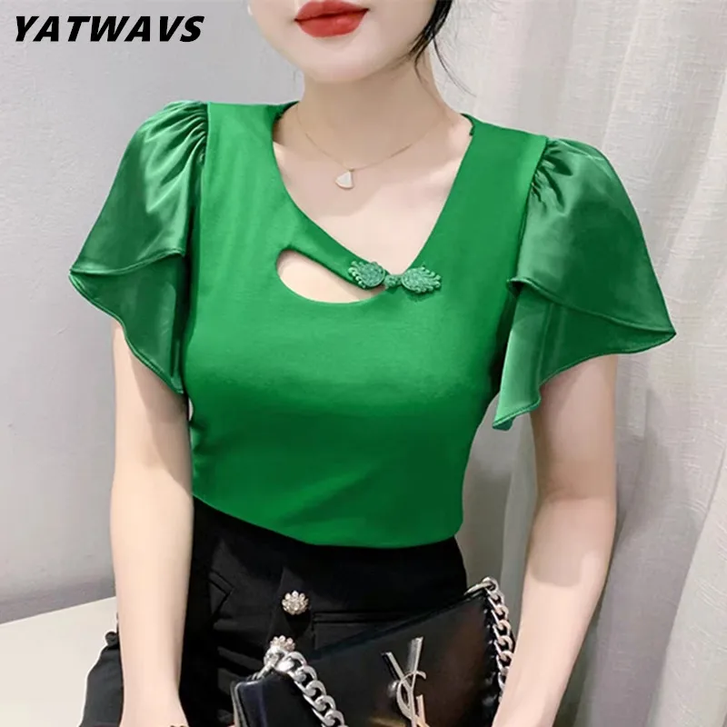 

2023 New Vintage Button Cotton T-Shirt Women Chic Sexy Hollow Out Skew Collar Tops Summer Butterfly Short Sleeve Casual Tees B