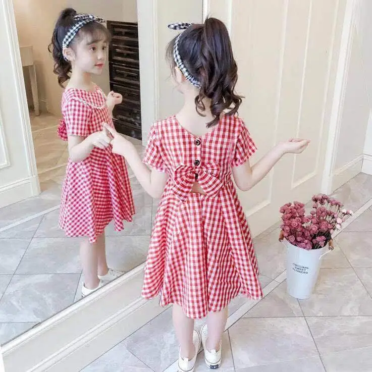 2022 Summer teenager baby Girls Dress Clothes plaid bow grey chiffon Long Beach Princess skirt 3 4 5 6 7 8 9 10 12 13 14 years