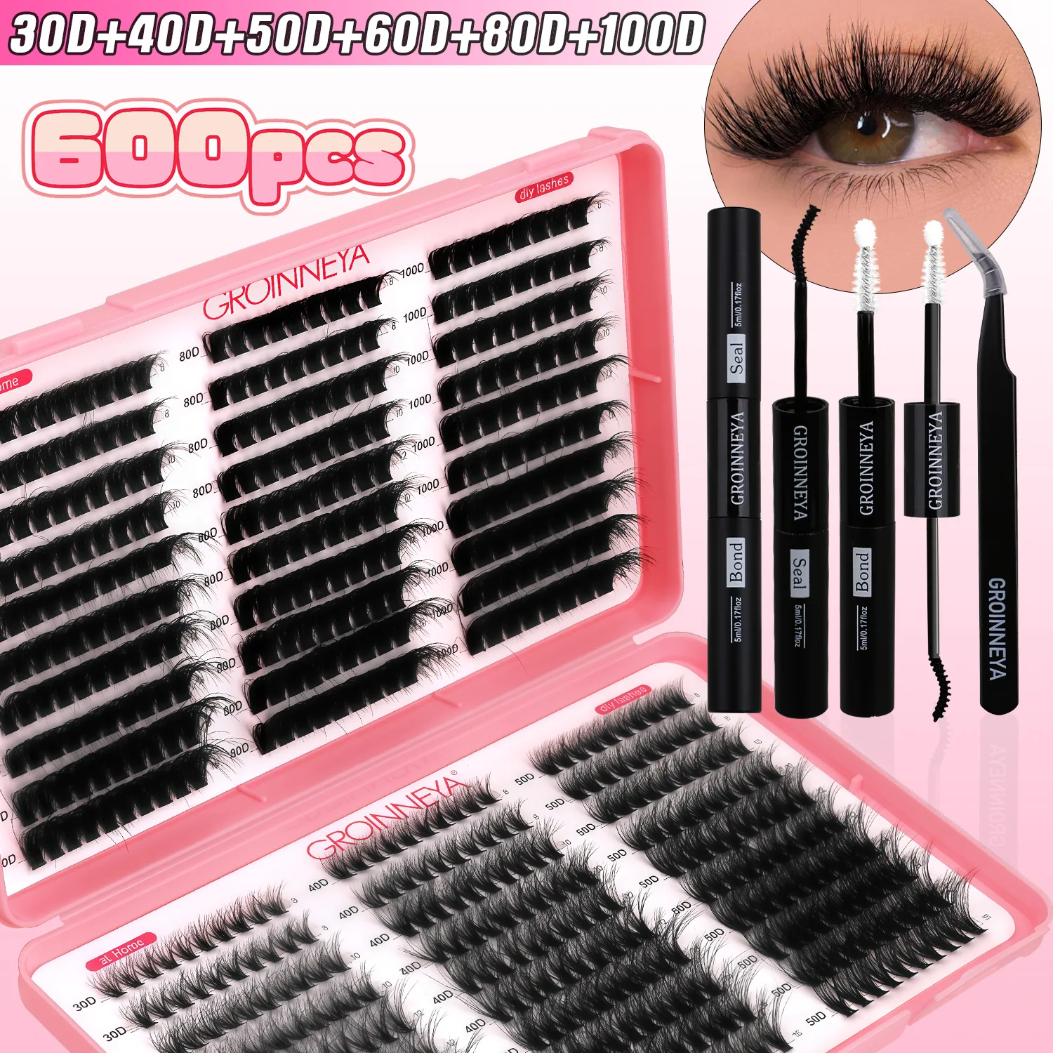 GROINNEYA DIY Lash Clusters Kit Mixed Tray Eyelash Extension Full Set Individual Lashes with Lash Bond&Seal and Tweezers Tool