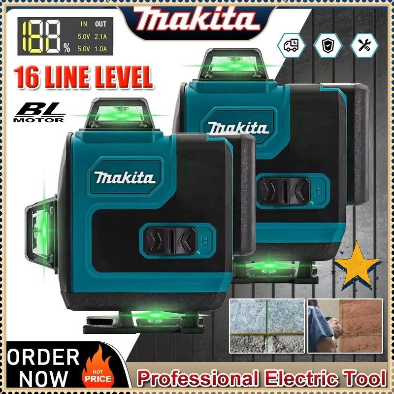 

Лазерный уровень Makita с 16 линиями, высокоточный, с зеленым лучом, настенный, портативный, самовыравнивающийся